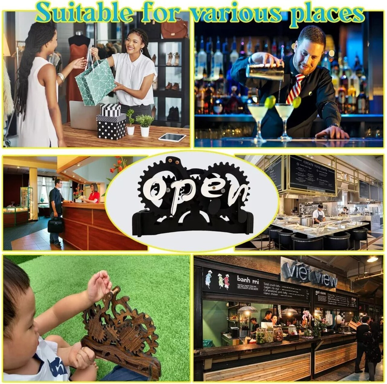 Open-Closed Sign Board Wooden Gear Switch Mechanism Convertible Signs Wall Decor